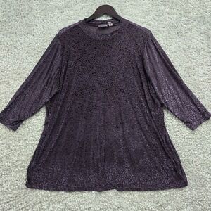 Logo Layers Burnout Velvet Top Womens 3X Purple Floral Sheer Mock Neck Boho Goth
